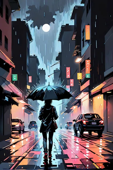 painting of a person walking down a street holding an umbrella, artistic. alena aenami, by alena aenami, art of alena aenami, rainy night city street, style of alena aenami, inspired by alena aenami, rainy evening, rainy city at night, rainy street, rainy night, by goro fujita