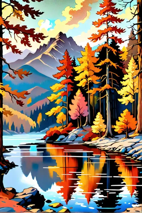 a painting of a lake surrounded by trees and mountains