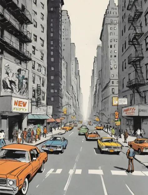 1970s comic book illustration, new york city streets, manhattan,  eye level