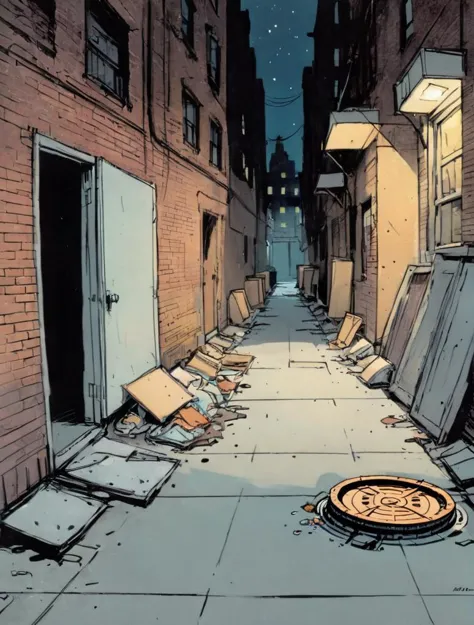 1970s comic book illustration, new york city alleyway at night, trash and clutter, manhole cover,