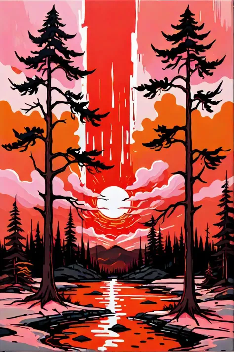 a painting of a sunset with trees and water