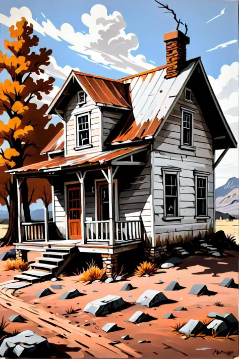 painting of a small old house with a rusty tin roof, an ultrafine detailed painting inspired by james sessions american painter, shutterstock contest winner, american scene painting, western painting, norman mingo painting, american oil painting