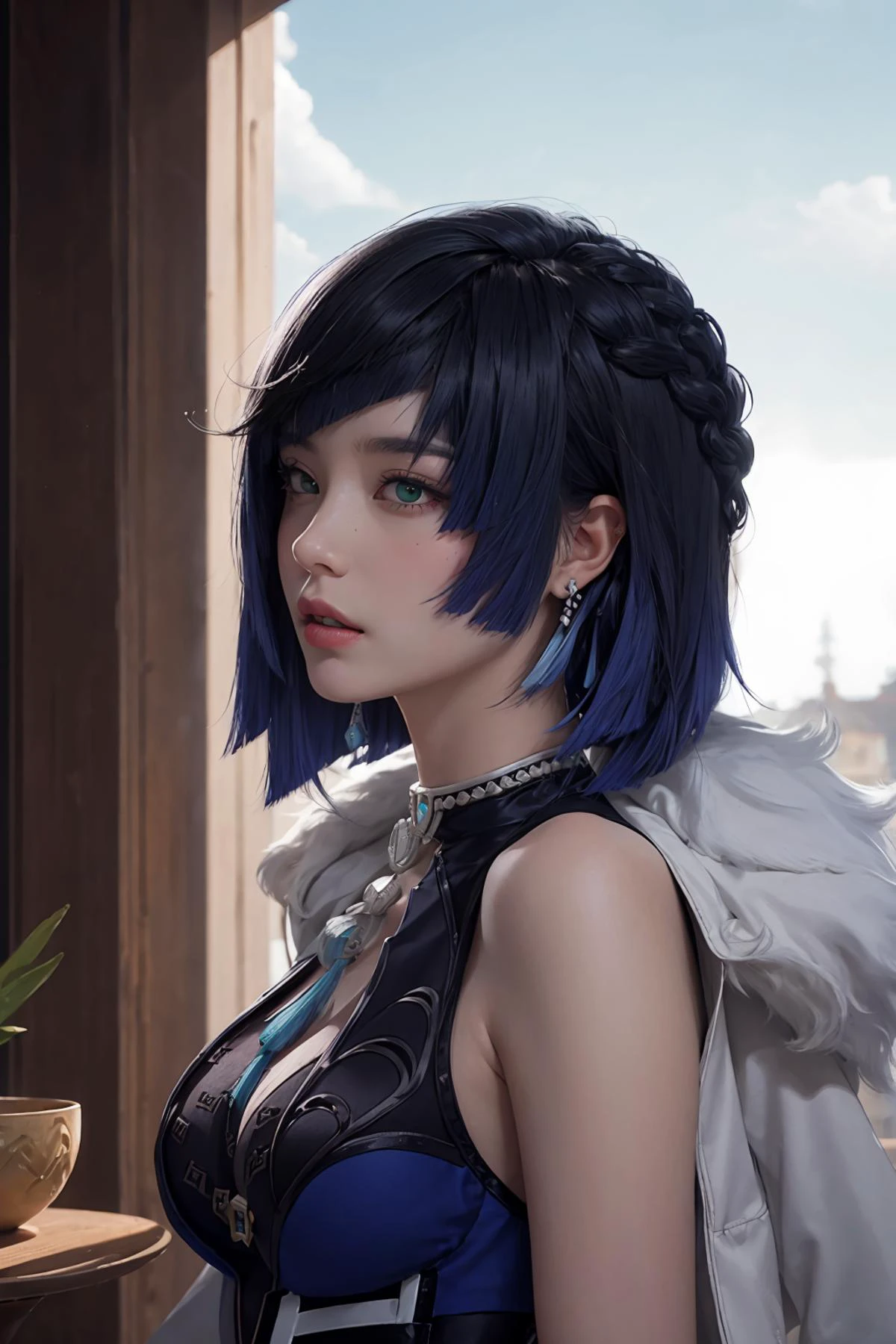 yelandef, yelan (genshin impact), blue hair,
1girl,solo, long hair,realistic, blue hair,lips,profile,portrait,closed mouth,nose,from side, best quality, masterpiece, illustration, an extremely delicate and beautiful, extremely detailed ,CG,unity,8k wallpaper, Amazing, finely detail, masterpiece, best quality,official art,extremely detailed CG unity 8k wallpaper,absurdres, incredibly absurdres, huge filesize , ultra-detailed, highres, extremely detailed,beautiful detailed girl, extremely detailed eyes and face, beautiful detailed eyes,light on face, upper body,
outdoors, outside, day, china, teahouse, orange leaves