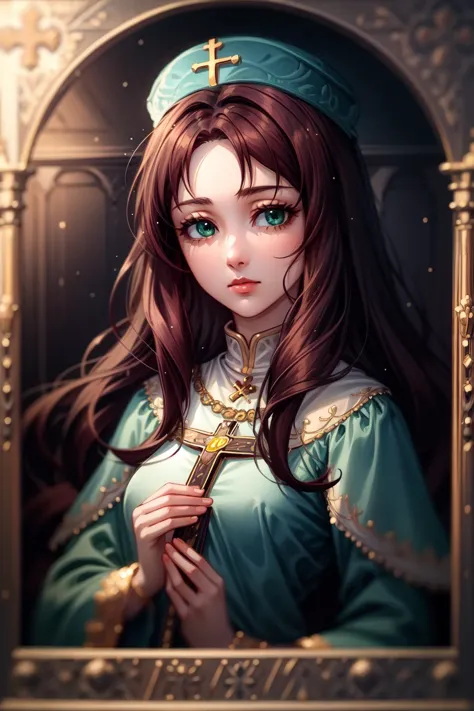 masterpiece, high quality, <lora:OrthodoxChristianIcon:1> orthoicon, fine art parody, parody, robe <lora:1more_details:0.5> <lora:OlgaLoraV2:0.8> long hair, brown hair, od, green eyes,1girl, medium breasts,<lora:CosmicEyes:0.8> CosmiEyes,eyelashes, cross,