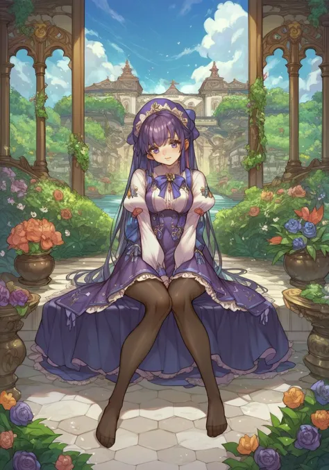 a woman in a purple dress sitting on a stone walkway