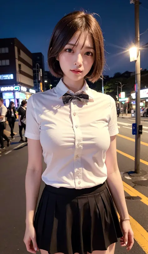 (8k, RAW photo, best quality, masterpiece:1.2), (realistic, photo-realistic:1.37), ultra-detailed,
1 girl,cute, solo,beautiful detailed sky,detailed tokyo street,night,
medium breasts,beautiful detailed eyes,(collared shirt:1.1), bowtie,pleated skirt,(short hair:1.2),floating hair