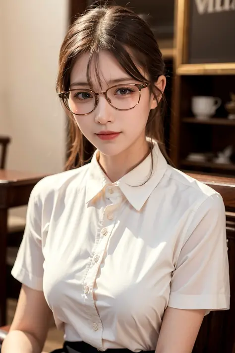 (extremely detailed CG unity 8k wallpaper), (masterpiece), (RAW photo, best quality), (realistic, photo-realistic:1.3), 1girl, coffeehouse, white collared opaque shirt, puffy eyes, smile, close up portrait photo, <lora:koreanDollLikeness_v10:0.35>, ((glass...