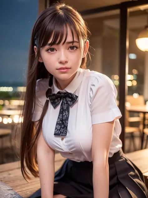 (8k, RAW photo, best quality, masterpiece:1.2), (realistic, photo-realistic:1.37), ultra-detailed, 1 girl,cute, solo,beautiful detailed sky,detailed cafe,night,sitting,dating,(nose blush),(smile:1.1),(closed mouth) medium breasts,beautiful detailed eyes,(collared shirt:1.1), bowtie,pleated skirt,(short hair:1.2),floating hair