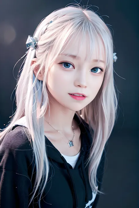 A woman with long blonde hair and blue eyes wearing a black hoodie - SeaArt  AI