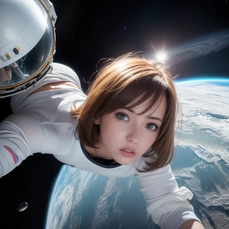 (8k, RAW-Foto, Beste Qualität, Meisterwerk:1.2), (realistisch, photo-realistisch:1.37), (1 Mädchen, in der Luft), Ganzkörper, tiefe Tiefe des Raumes, universum, hintergrund, Geheimnisvoller Planet,(weißes Hemd, weiße Shorts),1 planet,((Astronautenhelm,reflektierend)),