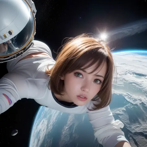 (8k, RAW photo, best quality, masterpiece:1.2), (realistic, photo-realistic:1.37), (1girl, in the air), full body, deep depth of space, universe background, Mysterious planet,(white shirt, white shorts),1 planet,((Astronaut helmet,reflective)),<lora:arknightsTexasThe_v10:0.1>