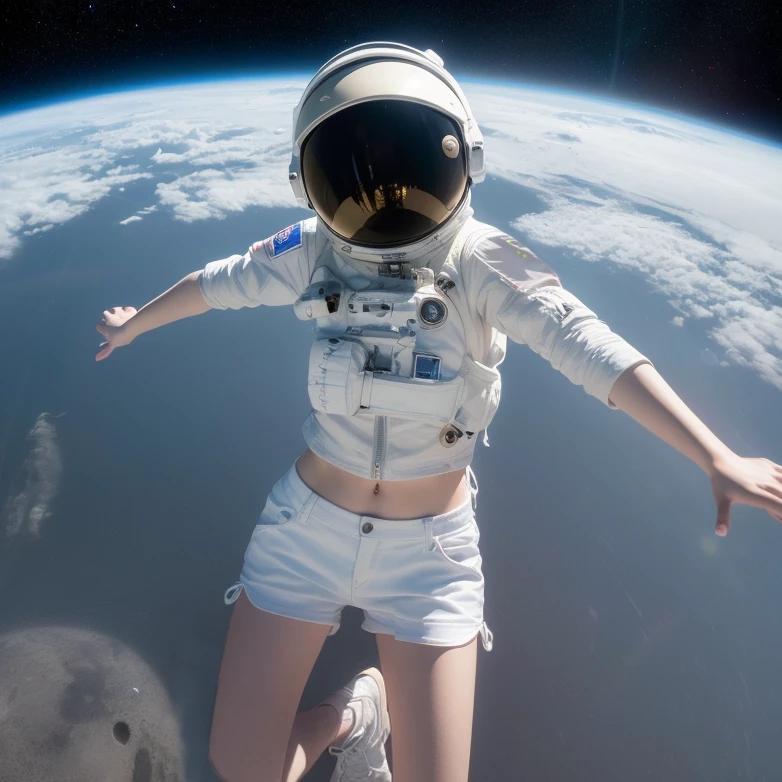 (8k, RAW photo, best quality, masterpiece:1.2), (realistic, photo-realistic:1.37), (1girl, in the air), full body, deep depth of space, universe background, Mysterious planet,(white shirt, white shorts),1 planet,((Astronaut helmet,reflective)),