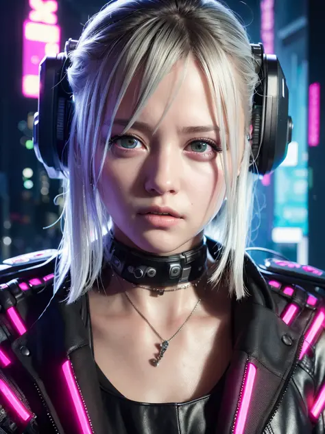 (young girl), (cyberpunk:1.4), (photorealistic:1.4), (best quality:1.0), (ultra highres:1.0), 8k, RAW photo, (masterpiece:0.2), ultra-detailed, 1girl, detailed skin, looking at viewer, silver hair