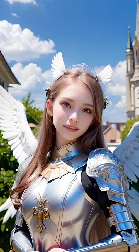 (RAW photo, best quality), (realistic, photo-realistic:1.2), a close up portrait photo,1girl,((holding weapon)),((white angel wings)),Castle, outdoor, smile, (high detailed skin:1.4), Moon, moon light, closer moon, big moon, soft lighting, high quality,fair skin, busty breasts, looking at viewer, straight-on,full body,depth of field,colorful star trails,gothic architecture,photorealistic,oil painting (medium) ,solo,long_hair,pink_hair_grey_eyes,eye contact,standing,tying hai,1girl,silver armor,((holding weapon)),((white angel wings)),feathers,valkyrie, winged helmet,cape ,ornate,smile,extremely detailed,(masterpiece, best quality:1.2),valkyrie,<lora:adventurers_v1:0.6> <lora:japaneseDollLikeness_v10:0.1> <lora:koreanDollLikeness_v15:0.1> <lora:taiwanDollLikeness_v10:0.2>