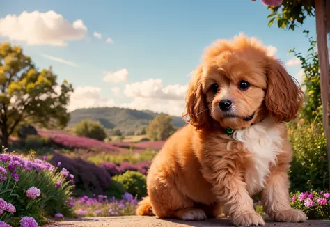 1teddy Dog, poodle, Bichon frise, lovable, champagne dog, full body champagne dog hair, dog eyes, light blue eye, sit, during the day, sitting on the prairie, filled with beautiful flowers, long hair, beautiful detailed eyes, extremely detailed eyes and face, light on face, cute, best quality, masterpiece, illustration, an extremely delicate and beautiful, extremely detailed ,CG ,unity ,8k wallpaper, Amazing, finely detail, masterpiece, best quality, official art, extremely detailed CG unity 8k wallpaper, ultra-detailed, highres, extremely detailed, (best quality), (realistic, photo-realistic:1.2), 8k, soft lighting, high quality, official art, extremely detailed CG unity 8k wallpaper, cinematic lighting.