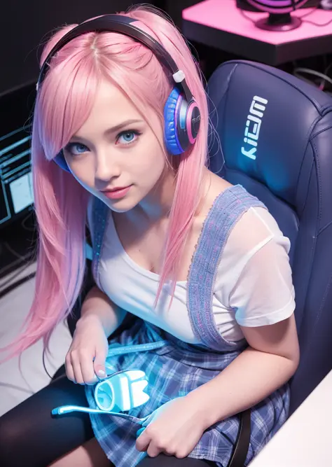 best quality, ultra high res, (photorealistic:1.4), (pink and blue neon light), beautiful face, natural makeup, (PureErosFace_V1:0.8), | 1 woman, casual cloth, skirt, intricate design, headphone, blue hair, twin tail hair, | sitting on gaming chair, gaming room background, streamer, gamer, gaming pc, (smile),