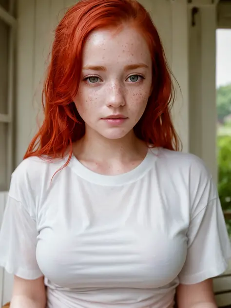 a portrait of a (soaking wet of a milk:1.2) redhead, freckles teacher is sitting on a porch, white shirt, visible nipples throug...