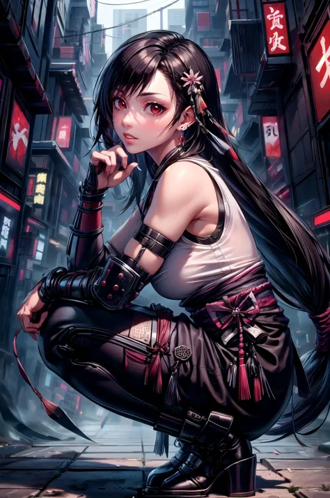 (masterpiece, best quality, detailed), 1girl, solo, looking at viewer, <lora:tifa-nvwls-v2:0.8>, defTifa, red eyes, low-tied lon...