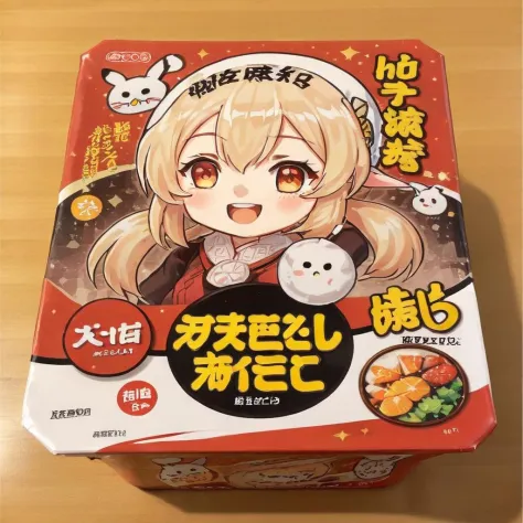 A photorealistic image of a box with a high-quality illustration of an anime girl printed on the top. The box should be well-cra...