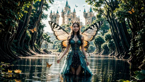 (((18 years old))), (fairy), (elf), floating, ((photo)), (close-up:1.4) (cinematic) (face:1.4) (portrait:1.3), (Fujifilm XT3 Viltrox), (octane render, unreal engine), (floating castle in the sky:1.4), ((ultrarealistic)), happy smile, ((ultradetailed)), air, breeze, strong wind, symmetrical (butterfly_wings) (fairy wings), (sharp focus), hdr, elven fairyland, big rock, transparent (water ripples) reflections, cascade river (pond), forest jungle,  stunning nature environment (landscape), butterfly, (butterflies:1.2), bright sunny (sky), (high contrast), cinematic lights, shadows, ((skirt)),  (lens flare:0.3), vibrant colors, colorful ,[flowers] and leaves, (pretty), (beautiful), loving, in love, adorable  <lora:Detail Tweaker LoRA add_detail:0.8><lora:depth_of_field_slider_v1:5>  <lora:SDXLrender_v2.0:0.9> <lora:EnvyFairy01-weird-anylora-45:0.3> <lora:EnvyFairy01-queen-anylora-45:0.3> <lora:Elf:0.28> <lora:Flower_fairy:0.2>  <lora:Fly:0.5>