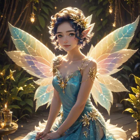 very small fairy, petite figure, 2, (((sitting down))), sleepy, slouching, legs, soft smile, pointing at viewer, happy, playful, thin figure, mid length dress, blue dress, pixie hair cut, fairy wings, detailed face, round face, pretty eyes, brunette hair, freckles, ferns, flowers, masterpiece, best quality, 1girl, gold glow, sparkles, glow, fire light, cinematic lighting, 