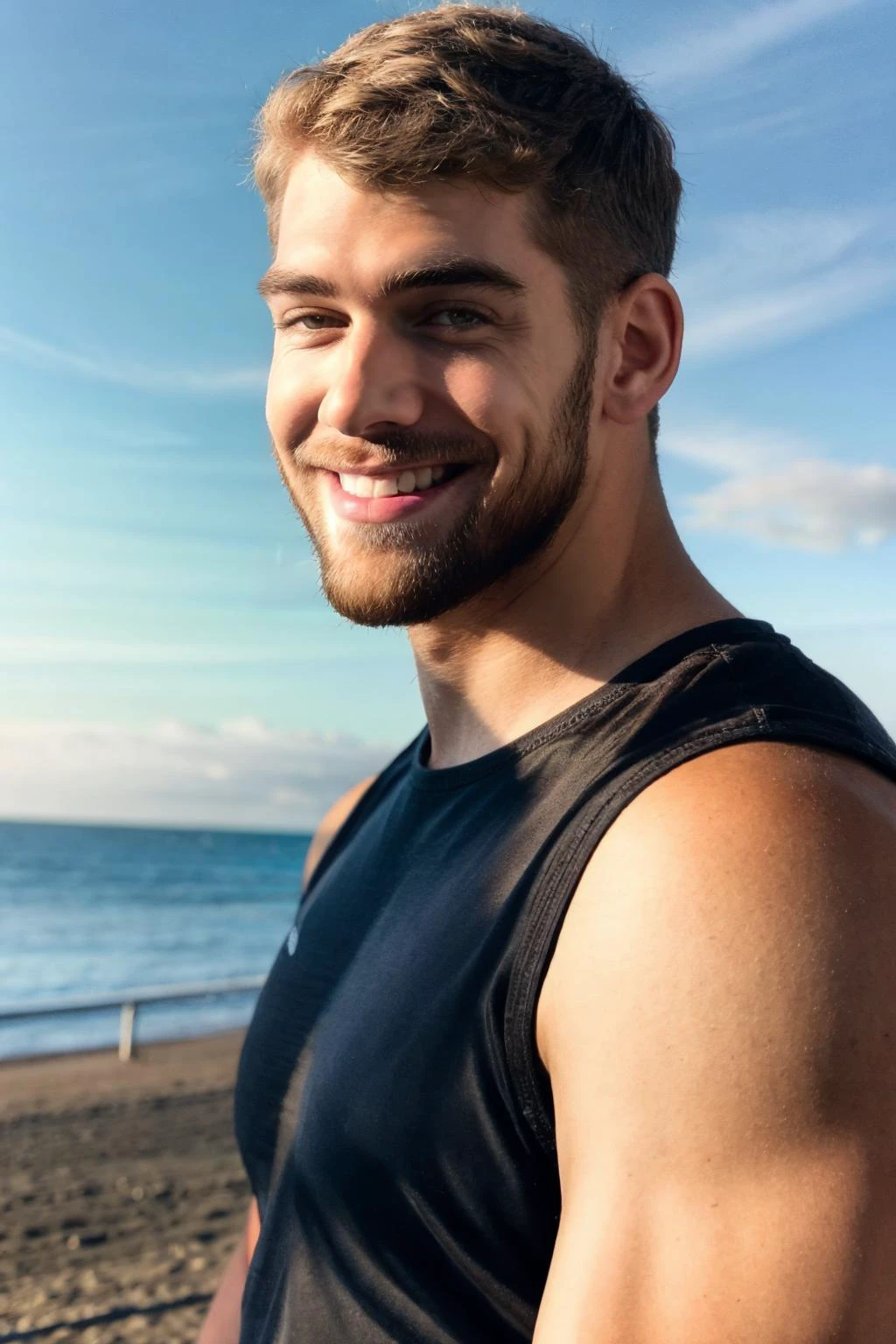 handsome guy, realistic, (natural lighting:studio lighting:0.5), sophisticated elegant mood, stained, highly detailed, found footage, masculine broad shoulders, facial hair, chill, feel good, (best quality:1.5), portrait, wear black tank top, face focus, mischa_janiec, outdoors, blue sky, beach, hint smile, baseball_cap, (masterpiece,best quality:1.5)