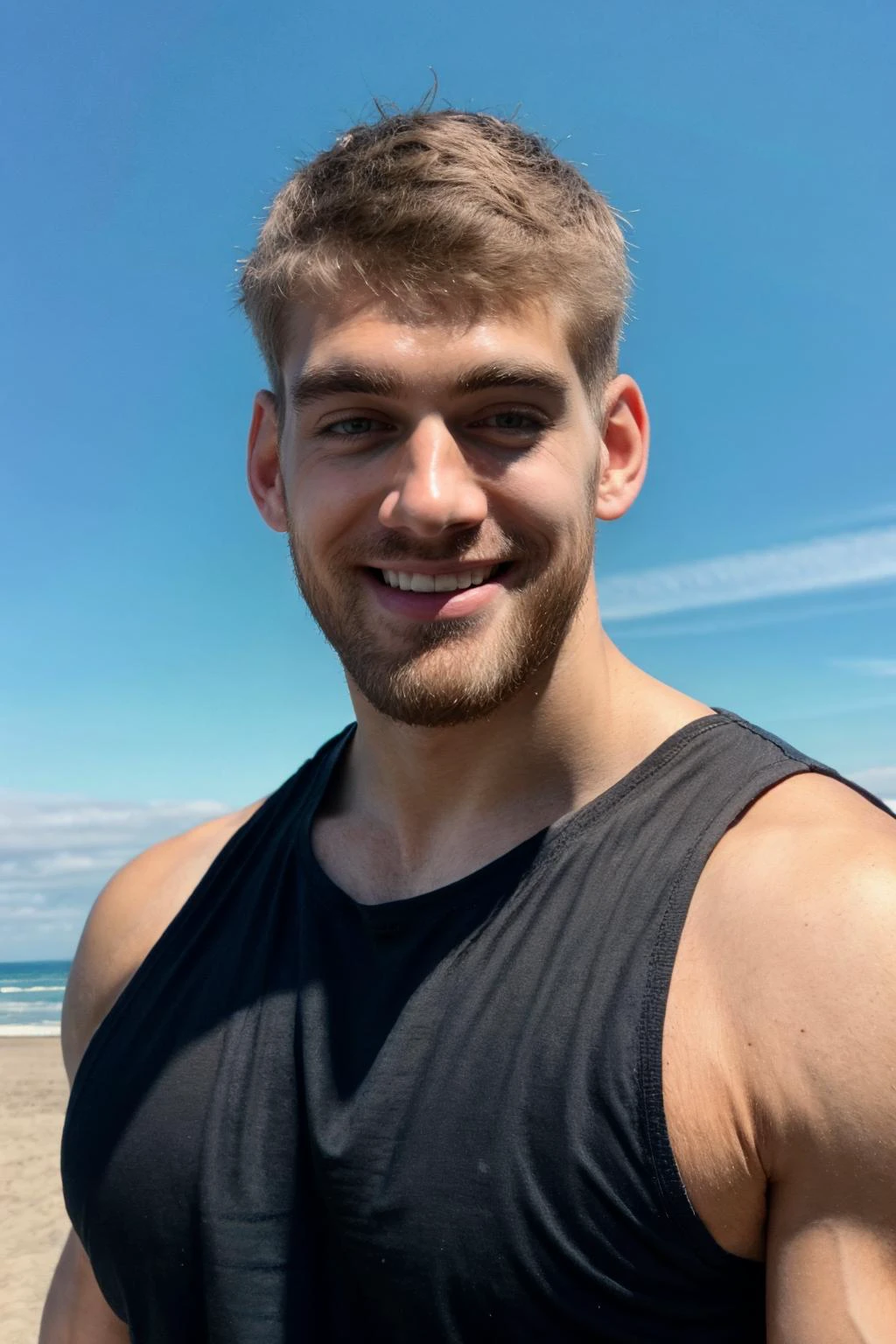 handsome guy, realistic, (natural lighting:studio lighting:0.5), sophisticated elegant mood, stained, highly detailed, found footage, masculine broad shoulders, facial hair, chill, feel good, (best quality:1.5), wear black tank top, face focus, mischa_janiec, outdoors, blue sky, beach, hint smile, strew hat, upper body,, (masterpiece,best quality:1.5)