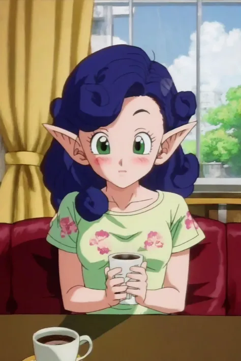 fairy,1girl,,solo,(upper body:1.2),blue hair, curly hair, long hair, green eyes,pointy ears,floral print shirt,frilled short sleeves,floral print, coffee shop,cup, pov across table,windows, coffee,small breasts,nervous,blush,curtains,city, blue sky,couch.(anime screencap:1.2,best quality, masterpiece) <lora:fairy_v1:1>