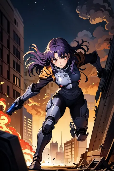 a woman in a futuristic suit holding a gun in a city