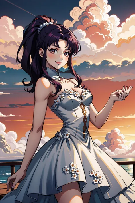 a woman in a dress standing on a pier with a sunset in the background