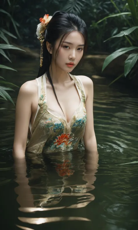 Realistic,chinese girls,big chest,Jungle,pond,partially submerged in water,cool colors,bright,cinematic,highly detailed,very int...