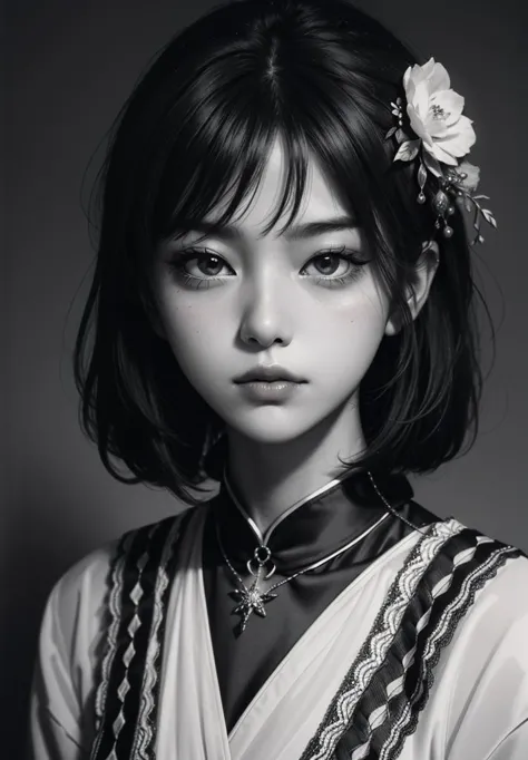 a black and white photo of a woman with a flower in her hair