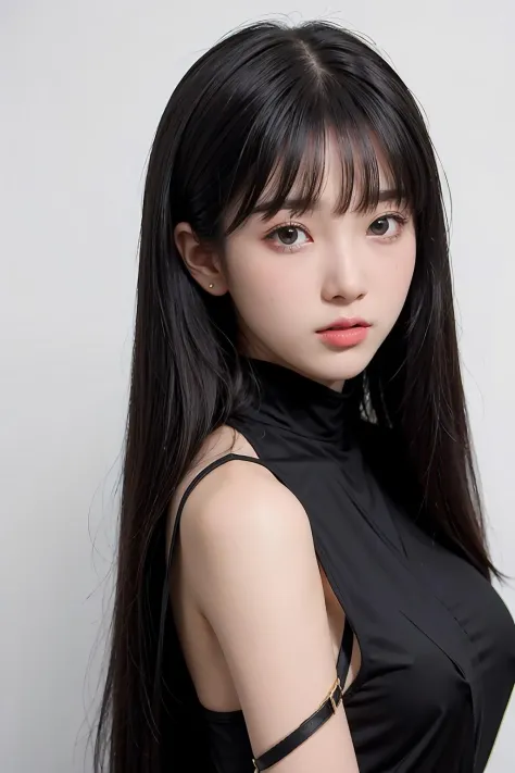 1girl,hair with bangs,black long dress,white background, <lora:MuaySukanyaKoein-04:1>