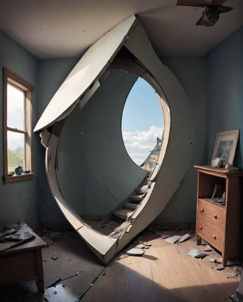 繪畫, 插圖,  otclillsn 一條奇怪且無法解決的莫比烏斯蛇被破碎的鏡子迷惑了 454.傾斜房屋內 78 度倒置, 莫名其妙 (光學錯覺:1.2), 迷失方向的角度, 超現實主義,  