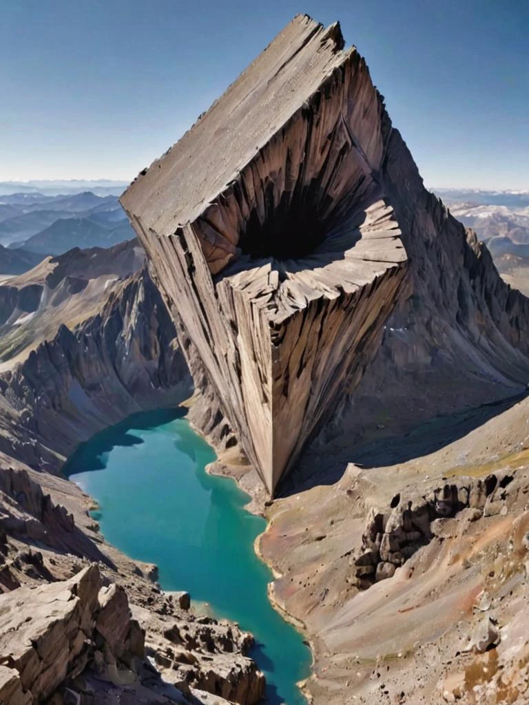 otclillsn, a strange and impossible to solve mountain glued to a gravitational motherboard tilted 454,78 degree upside down, baffling optical illusion, disorienting angle, surreal 