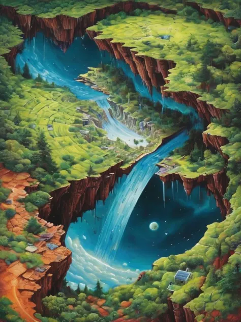 otclillsn, painting of a strange and impossible to solve landscape glued to a robotic motherboard tilted 454,78 degree upside do...