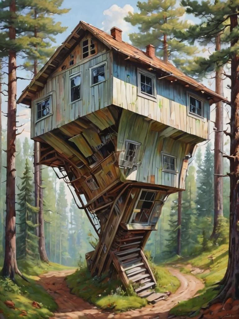 奧克林森, 畫了一棟奇怪且無法解決的房子，黏在傾斜的機械森林上 454,78度倒立, 令人困惑的視錯覺, 迷失方向的角度, 超現實主義 