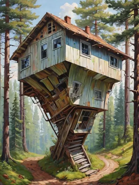 otclillsn, painting of a strange and impossible to solve house glued to a mechanical forest tilted 454,78 degree upside down, ba...