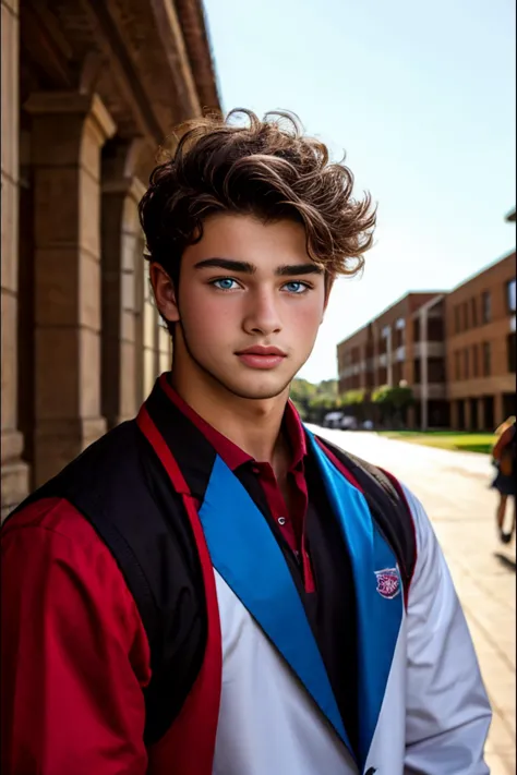 arafed young man with blue eyes and a red and white jacket