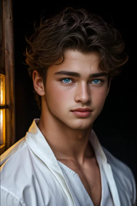 arafed image of a young man with blue eyes and a white shirt