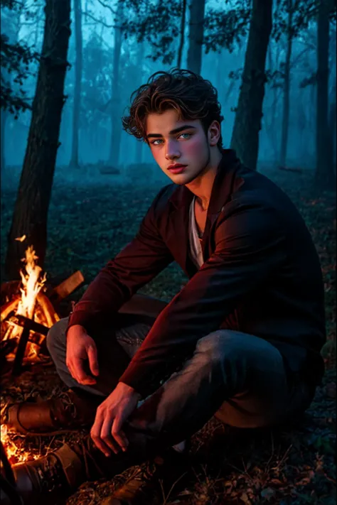 arafed man sitting in front of a campfire in the woods