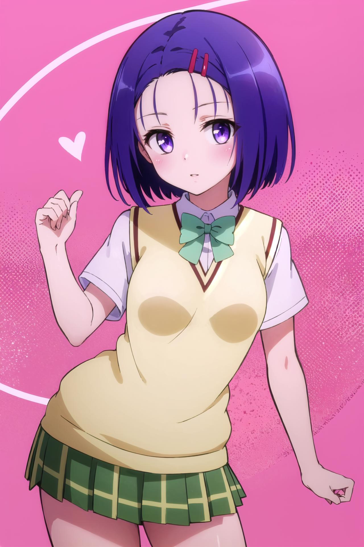 Anime girl with purple hair and green skirt pointing at something - SeaArt  AI