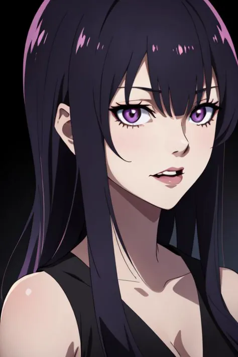 a close up of a person with long hair and purple eyes