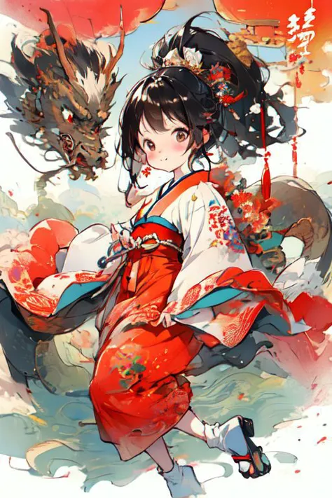 a woman in a kimono dress is holding a dragon