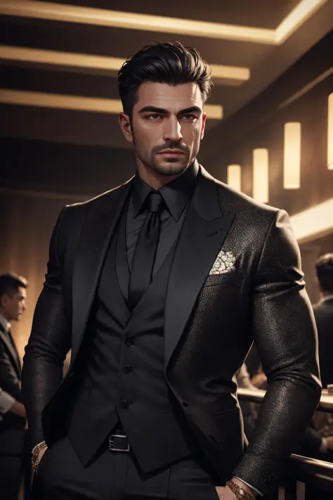 realistic (muscular man:1.1) mob boss, wearing intricate black elegant suite, portrait, short hair, jewelry, in a nightclub, spot lighting the scene, detailed background, intricate details, (illustration), masterpiece, high resolution, best quality.
