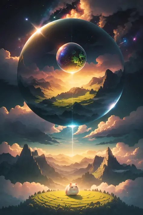 A giant mirror sphere floating in space, flickering lights, sad hamster lost (heaven like green fields surrounded by high mountains and clouds:1.3), particles in the air, god rays, stars in the background, intricate fractals, detailed, (illustration), masterpiece, high resolution, best quality.