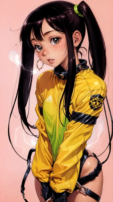 a woman in a yellow jacket and black pants with a green top