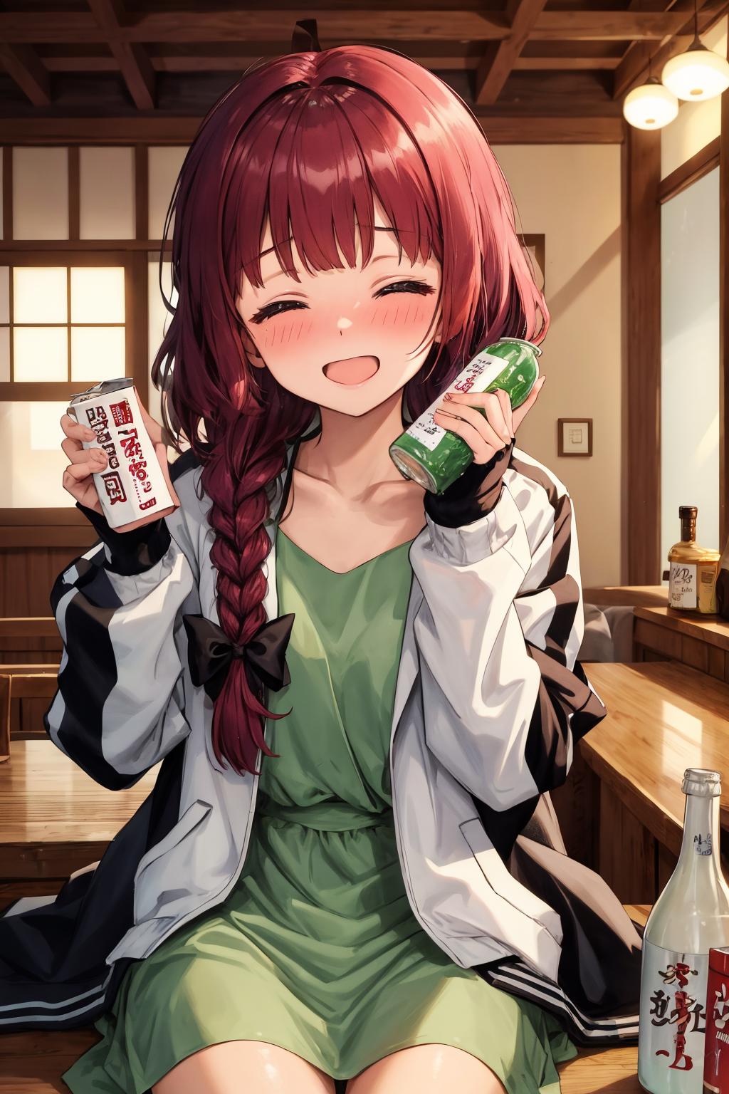 Anime girl drinking a can of soda while sitting at a table - SeaArt AI