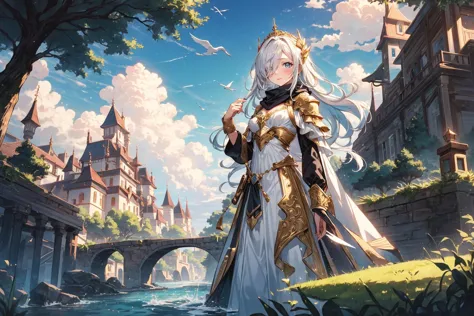 ((masterpiece)), (best quality), (highres, hdr, dynamic range), volumetric light, ray tracing, (colorful),
(A knight:0.9) standing on a castle promenade with a valley and a wide river flanked by trees in the background,
ornate see-through white ball gown with gold trim, small breasts, long (golden) hair with highlights, emerald eyes, medieval theme, soaring peaks, rim lighting, two tone lighting, long white scarf, delicate features, hair over one eye,

