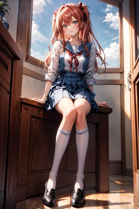 (masterpiece, best quality, detailed), 1girl, solo, indoors, window, blue sky, hallway, souryuu asuka langley, interface headset...